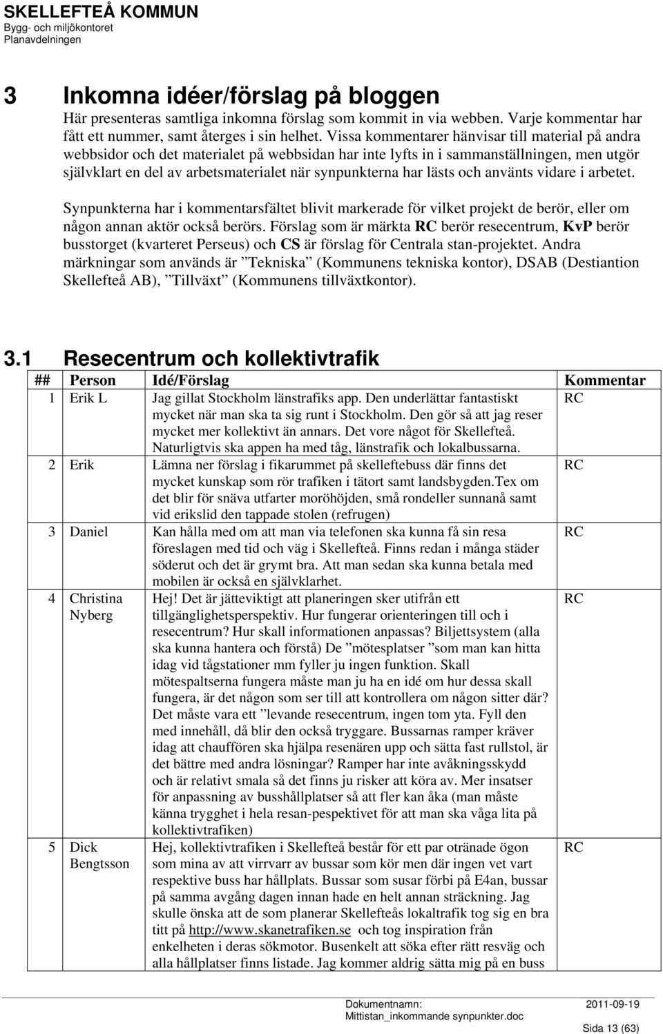 lästs och använts vidare i arbetet. Synpunkterna har i kommentarsfältet blivit markerade för vilket projekt de berör, eller om någon annan aktör också berörs.