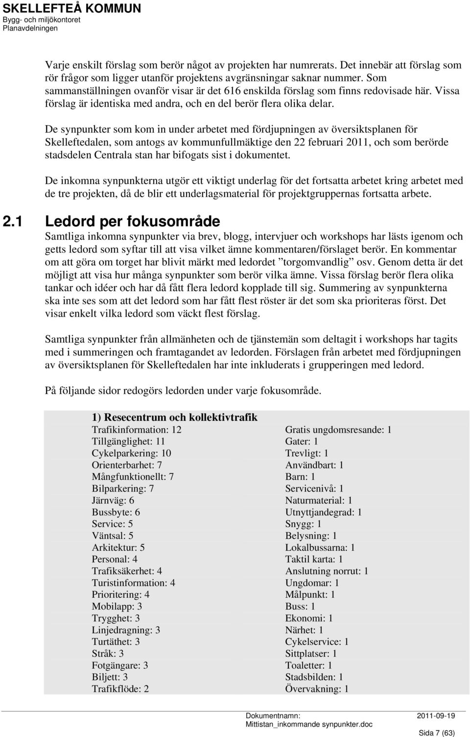 De synpunkter som kom in under arbetet med fördjupningen av översiktsplanen för Skelleftedalen, som antogs av kommunfullmäktige den 22 februari 2011, och som berörde stadsdelen Centrala stan har