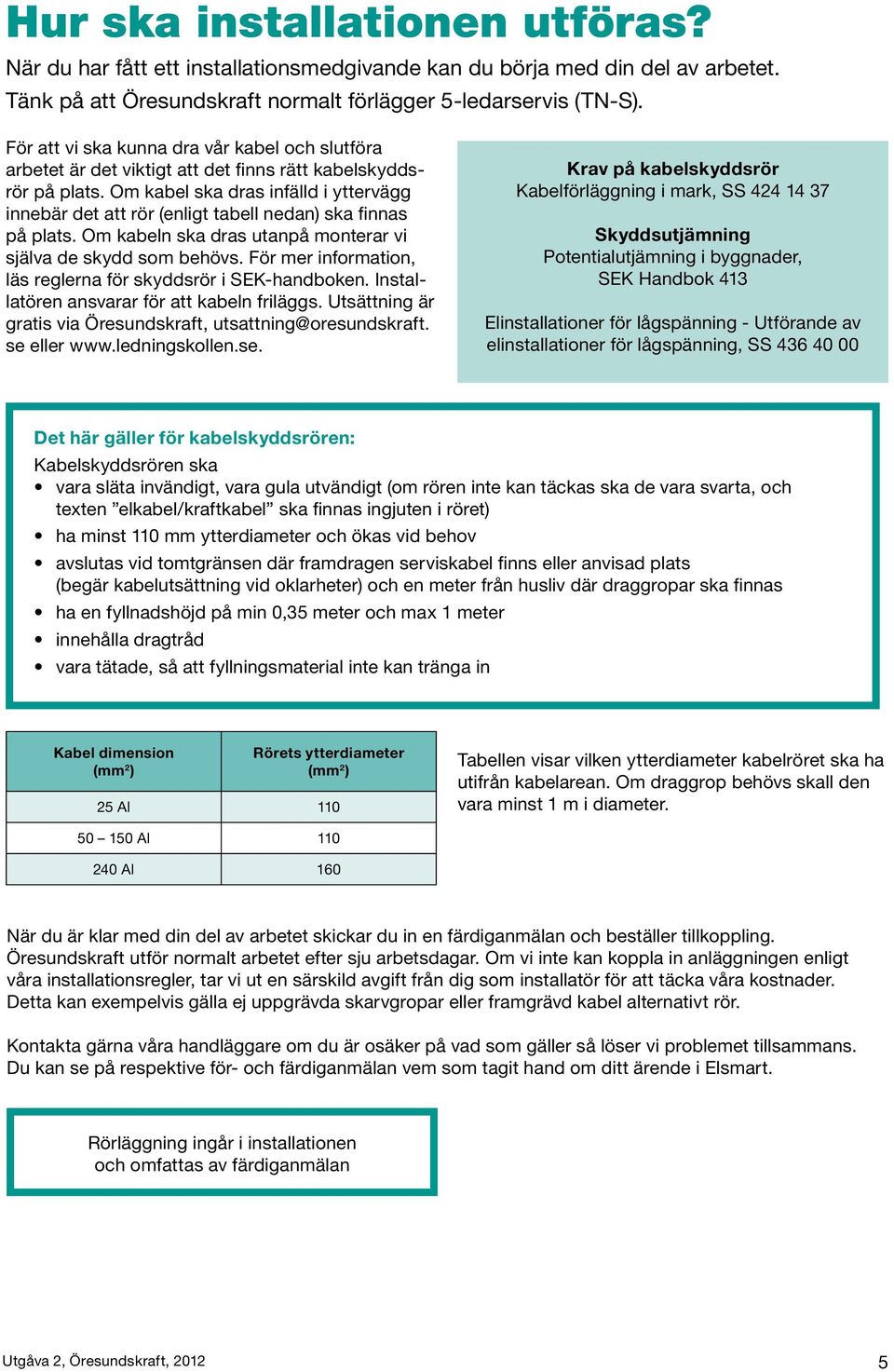 Om kabel ska dras infälld i yttervägg innebär det att rör (enligt tabell nedan) ska finnas på plats. Om kabeln ska dras utanpå monterar vi själva de skydd som behövs.