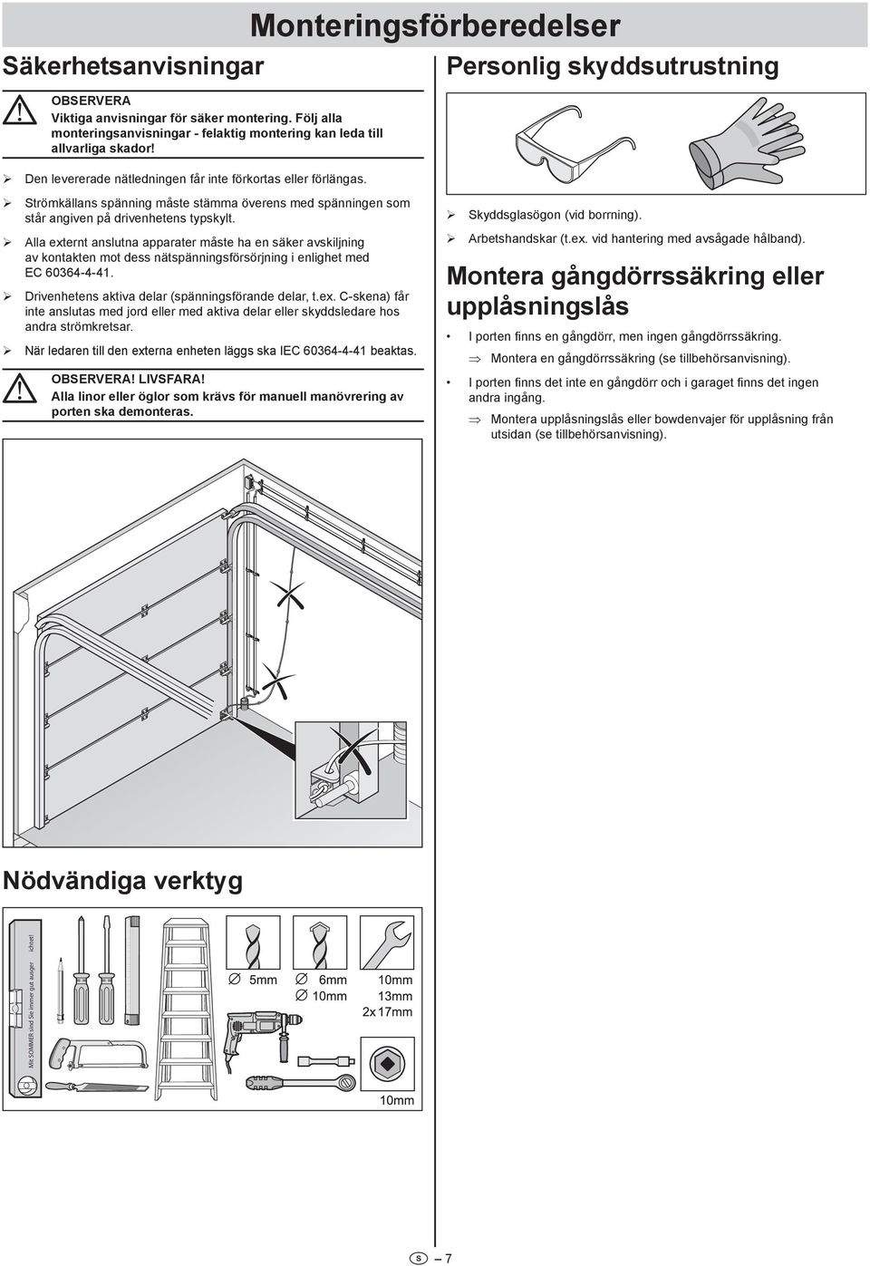 Monteringsförberedelser Personlig skyddsutrustning ¾ Strömkällans spänning måste stämma överens med spänningen som står angiven på drivenhetens typskylt.