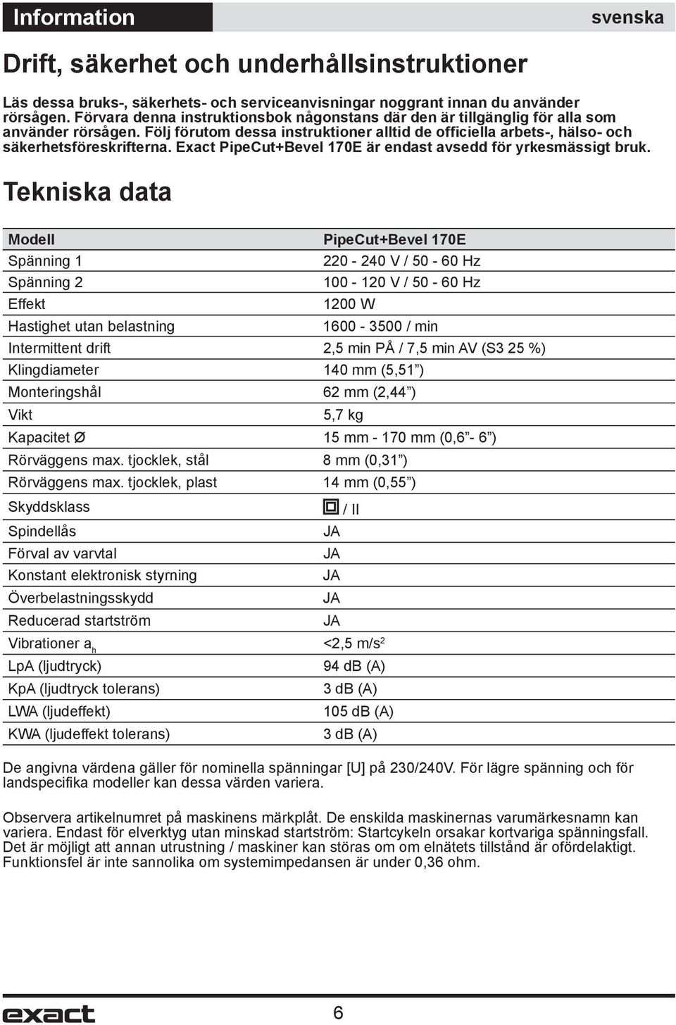 Exact PipeCut+Bevel 170E är endast avsedd för yrkesmässigt bruk.