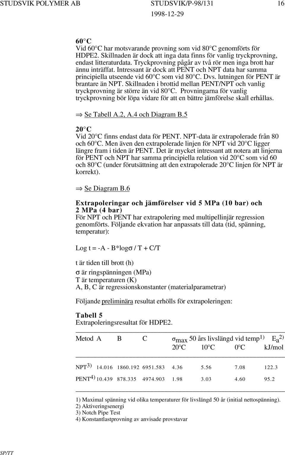 lutningen för PENT är brantare än NPT. Skillnaden i brottid mellan PENT/NPT och vanlig tryckprovning är större än vid 80 C.
