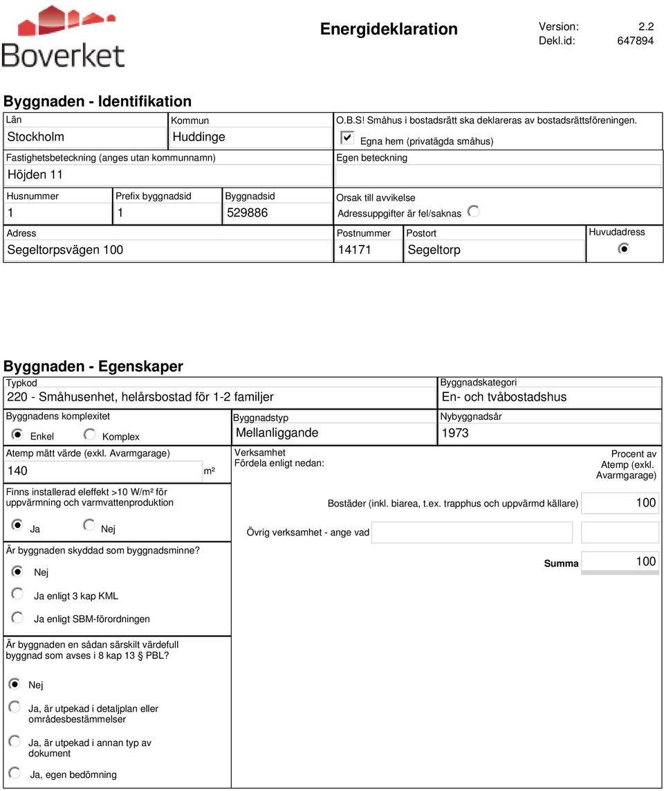 Segeltorp Huvudadress Byggnaden - Egenskaper Typkod 220 - Småhusenhet, helårsbostad för 1-2 familjer Byggnadens komplexitet Byggnadstyp Enkel Komplex Mellanliggande Atemp mätt (exkl.