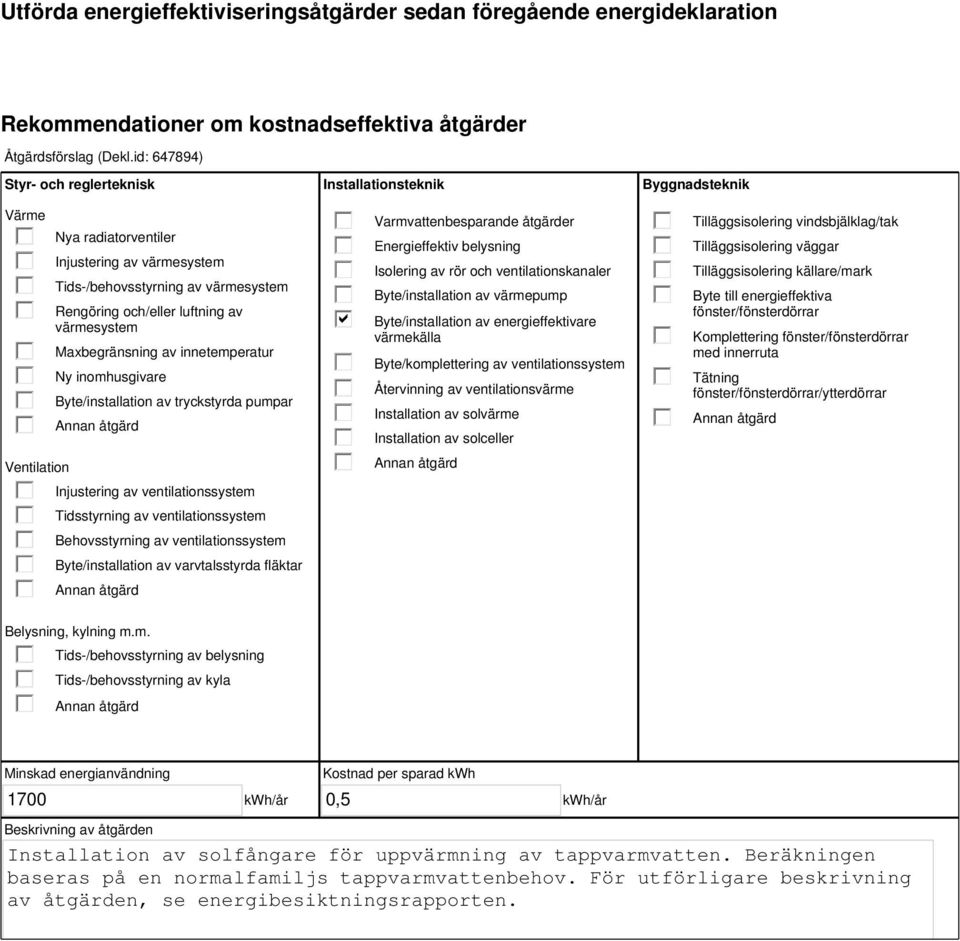 innetemperatur Ny inomhusgivare Byte/installation av tryckstyrda pumpar Injustering av ventilationssystem Tidsstyrning av ventilationssystem Behovsstyrning av ventilationssystem Byte/installation av