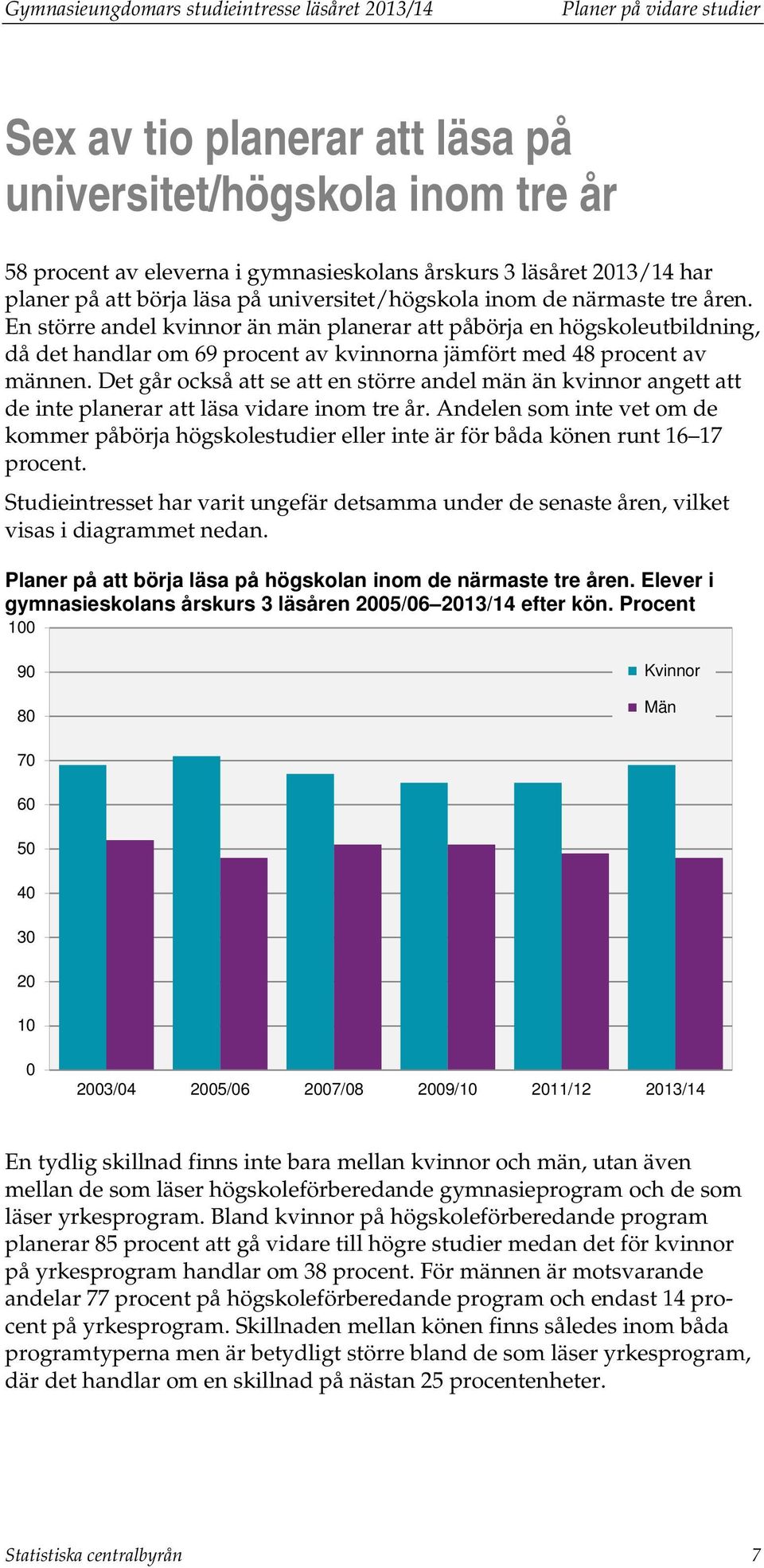 En större andel kvinnor än män planerar att påbörja en högskoleutbildning, då det handlar om 69 procent av kvinnorna jämfört med 48 procent av männen.