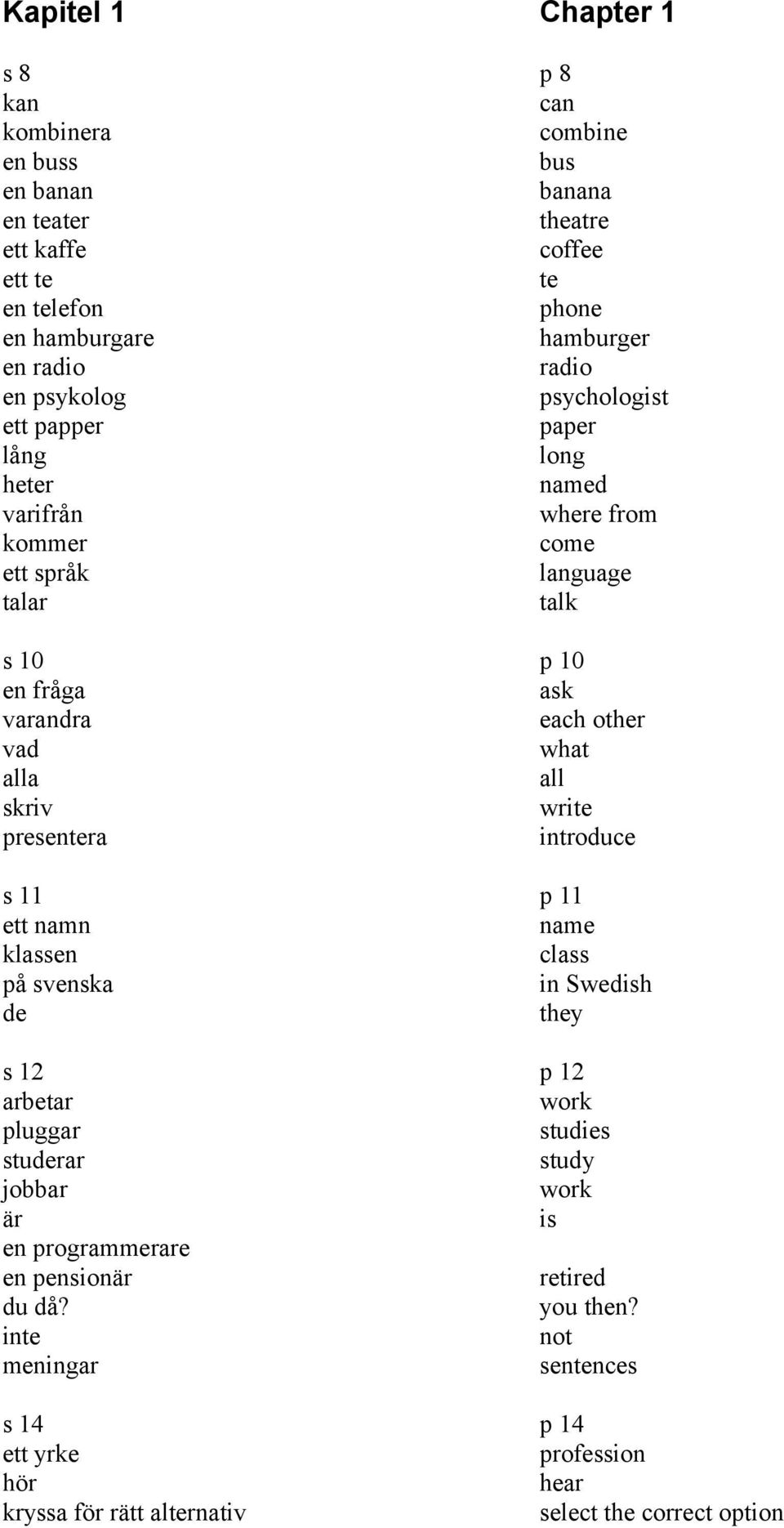 what alla all skriv write presentera introduce s 11 p 11 ett namn name klassen class på svenska in Swedish de they s 12 p 12 arbetar work pluggar studies studerar study jobbar