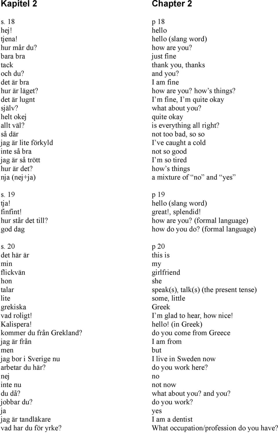 jag är från men jag bor i Sverige nu arbetar du här? nej inte nu du då? jobbar du? ja jag är tandläkare vad har du för yrke? Chapter 2 p 18 hello hello (slang word) how are you?