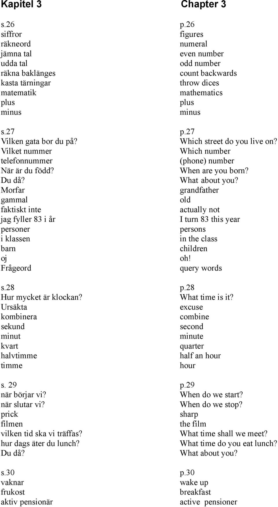 27 Vilken gata bor du på? Which street do you live on? Vilket nummer Which number telefonnummer (phone) number När är du född? When are you born? Du då? What about you?