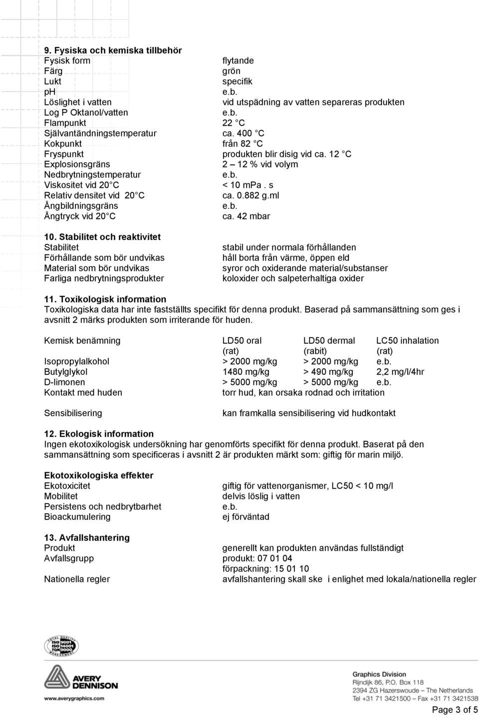 s Relativ densitet vid 20 C ca. 0.882 g.ml Ångbildningsgräns Ångtryck vid 20 C ca. 42 mbar 10.