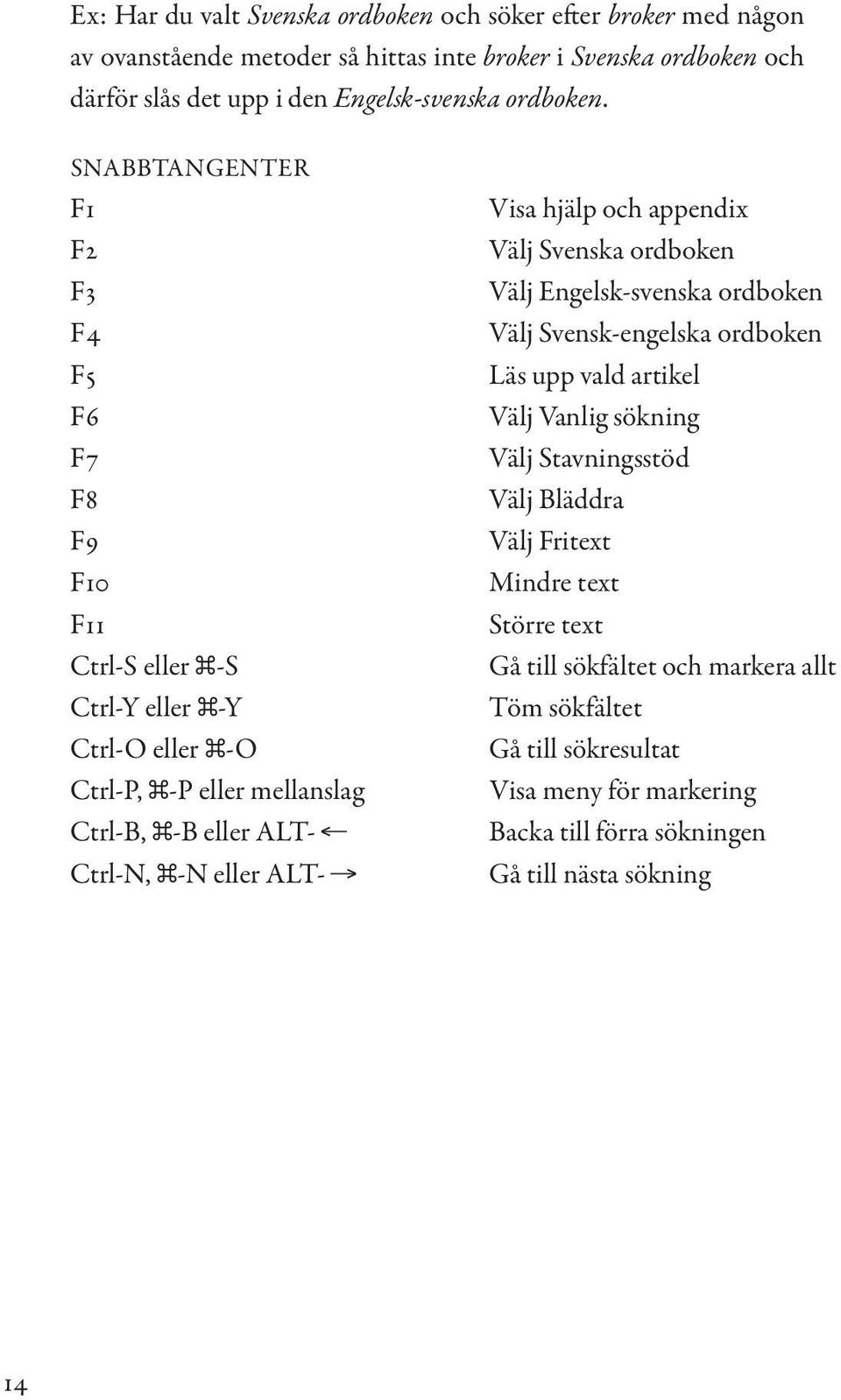 SNABBTANGENTER F1 F2 F3 F4 F5 F6 F7 F8 F9 F10 F11 Ctrl-S eller -S Ctrl-Y eller -Y Ctrl-O eller -O Ctrl-P, -P eller mellanslag Ctrl-B, -B eller ALT- Ctrl-N, -N eller ALT- Visa