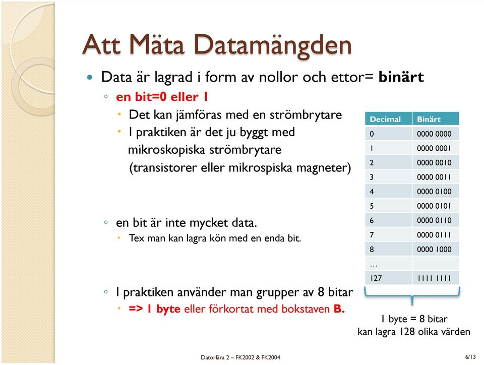 mikrospiska magneter)! en bit är inte mycket data. " Tex man kan lagra kön med en enda bit.