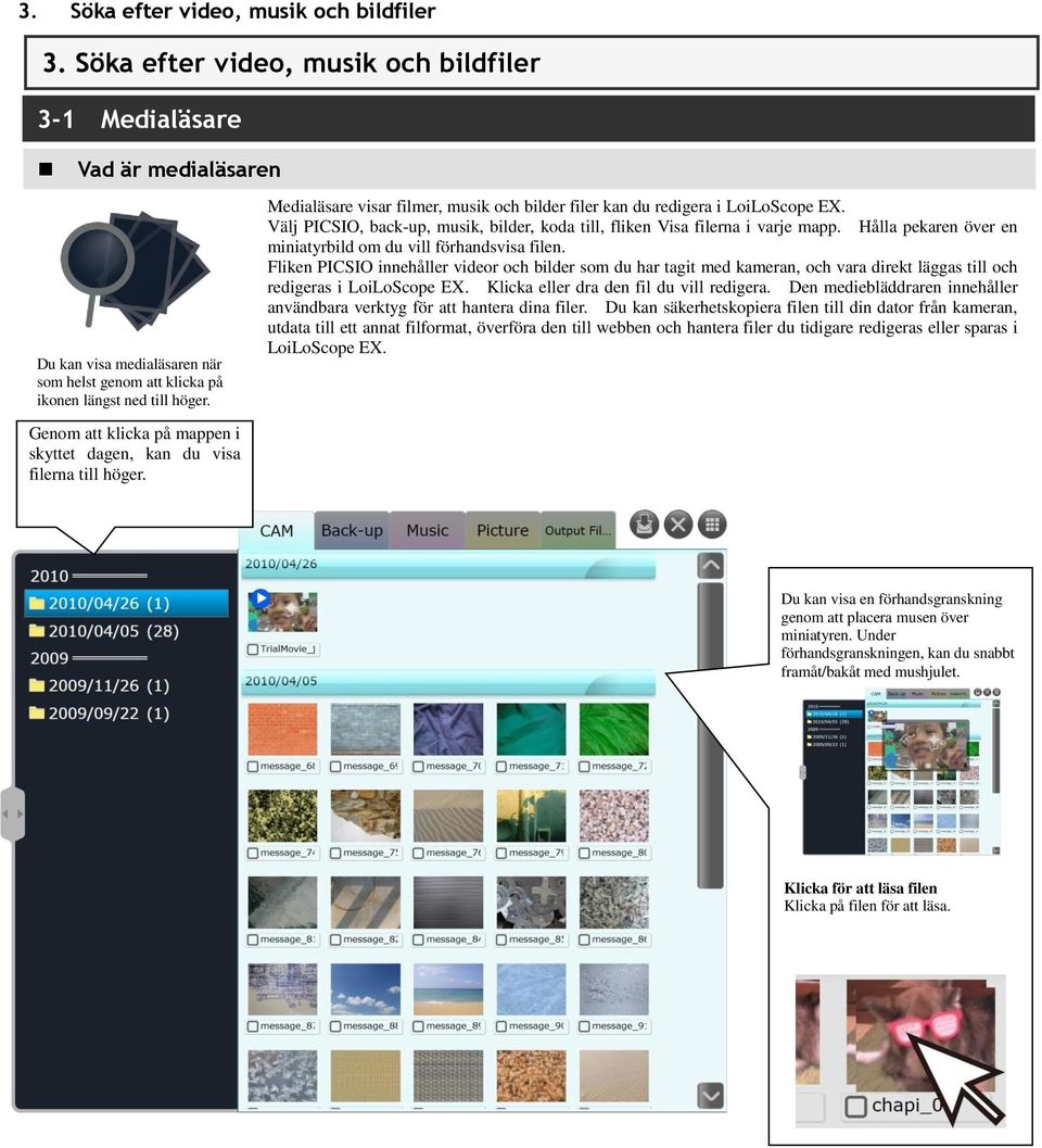 Medialäsare visar filmer, musik och bilder filer kan du redigera i LoiLoScope EX. Välj PICSIO, back-up, musik, bilder, koda till, fliken Visa filerna i varje mapp.