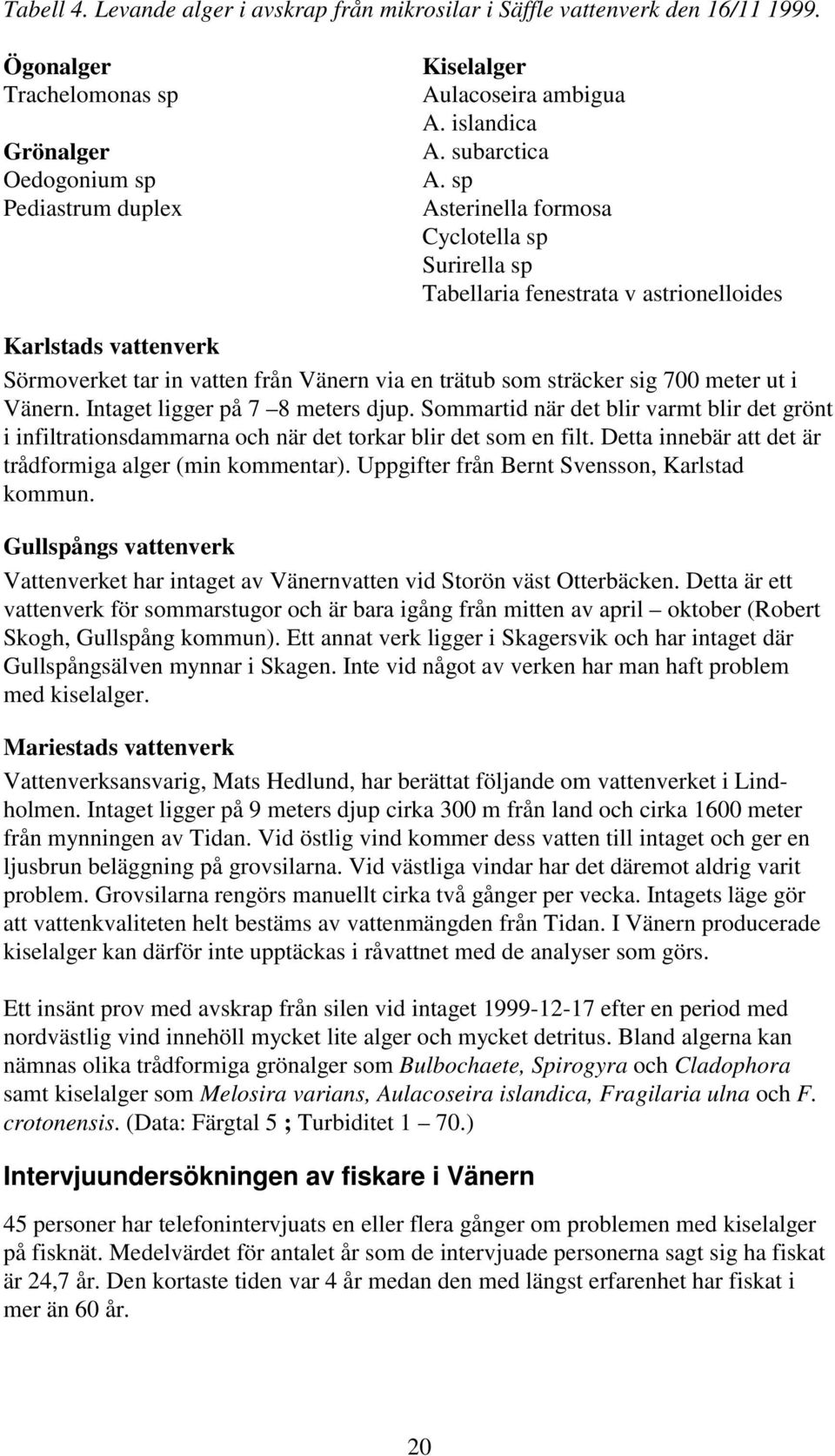 sp Asterinella formosa Cyclotella sp Surirella sp Tabellaria fenestrata v astrionelloides Karlstads vattenverk Sörmoverket tar in vatten från Vänern via en trätub som sträcker sig 700 meter ut i