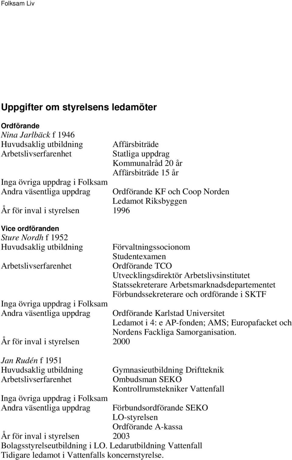 Statssekreterare Arbetsmarknadsdepartementet Förbundssekreterare och ordförande i SKTF Ordförande Karlstad Universitet Ledamot i 4: e AP-fonden; AMS; Europafacket och Nordens Fackliga Samorganisation.