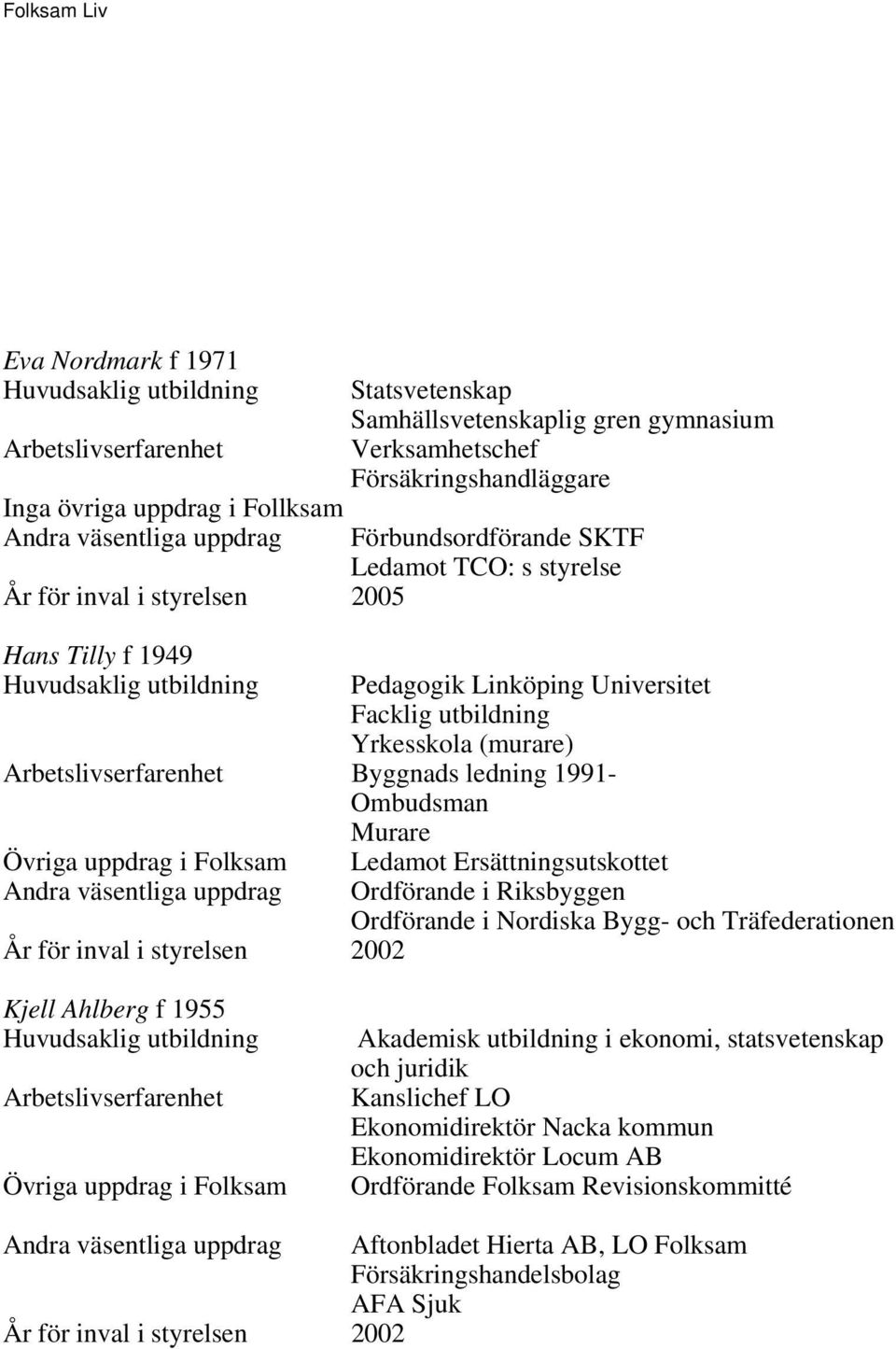 styrelsen 2002 Ledamot Ersättningsutskottet Ordförande i Riksbyggen Ordförande i Nordiska Bygg- och Träfederationen Kjell Ahlberg f 1955 Övriga uppdrag i Folksam Akademisk utbildning i ekonomi,