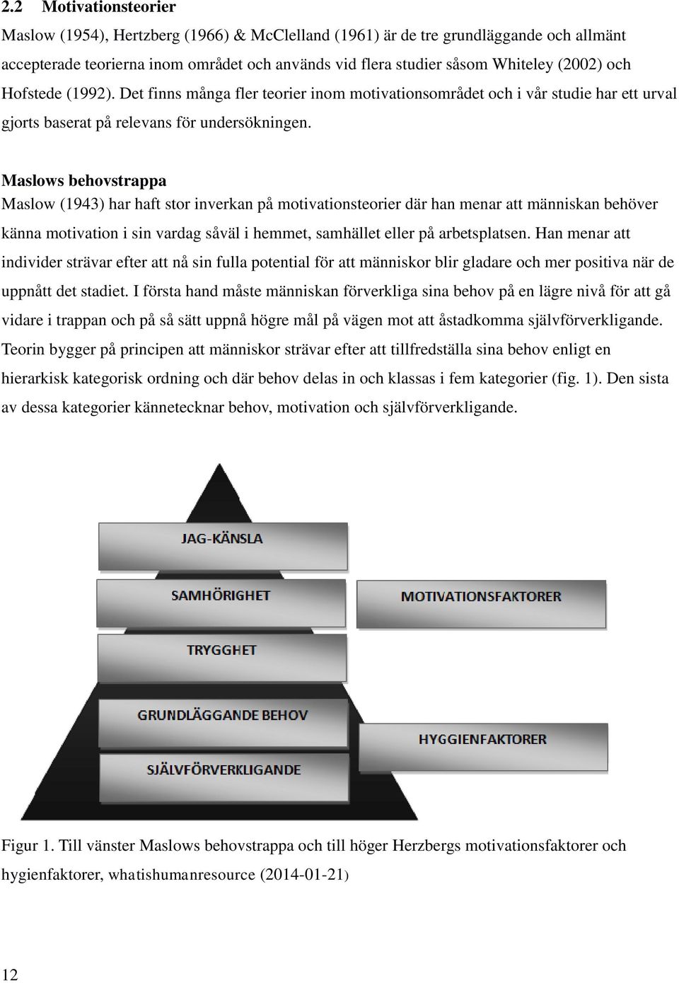 Maslows behovstrappa Maslow (1943) har haft stor inverkan på motivationsteorier där han menar att människan behöver känna motivation i sin vardag såväl i hemmet, samhället eller på arbetsplatsen.