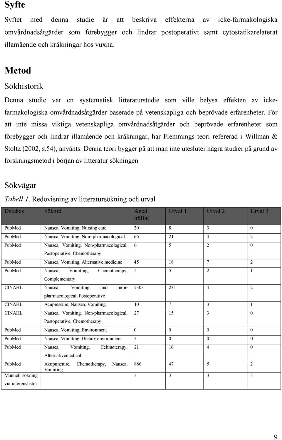 För att inte missa viktiga vetenskapliga omvårdnadsåtgärder och beprövade erfarenheter som förebygger och lindrar illamående och kräkningar, har Flemmings teori refererad i Willman & Stoltz (2002, s.