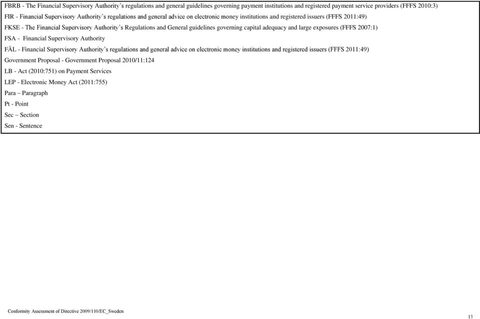 governing capital adequacy and large exposures (FFFS 2007:1) FSA - Financial Supervisory Authority FÄL - Financial Supervisory Authority s regulations and general advice on electronic money