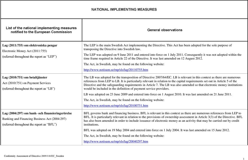 finansieringsrörelse Banking and Financing Business Act (2004:297) (referred throughout the report as BFL ) The LEP is the main Swedish Act implementing the This Act has been adopted for the sole