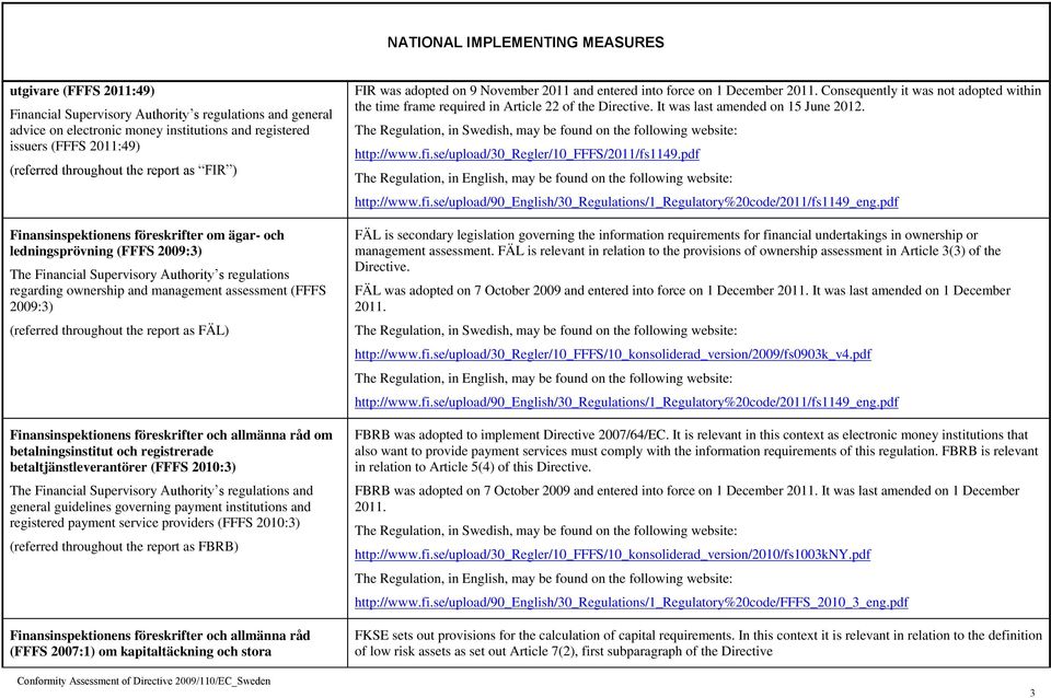 management assessment (FFFS 2009:3) (referred throughout the report as FÄL) Finansinspektionens föreskrifter och allmänna råd om betalningsinstitut och registrerade betaltjänstleverantörer (FFFS