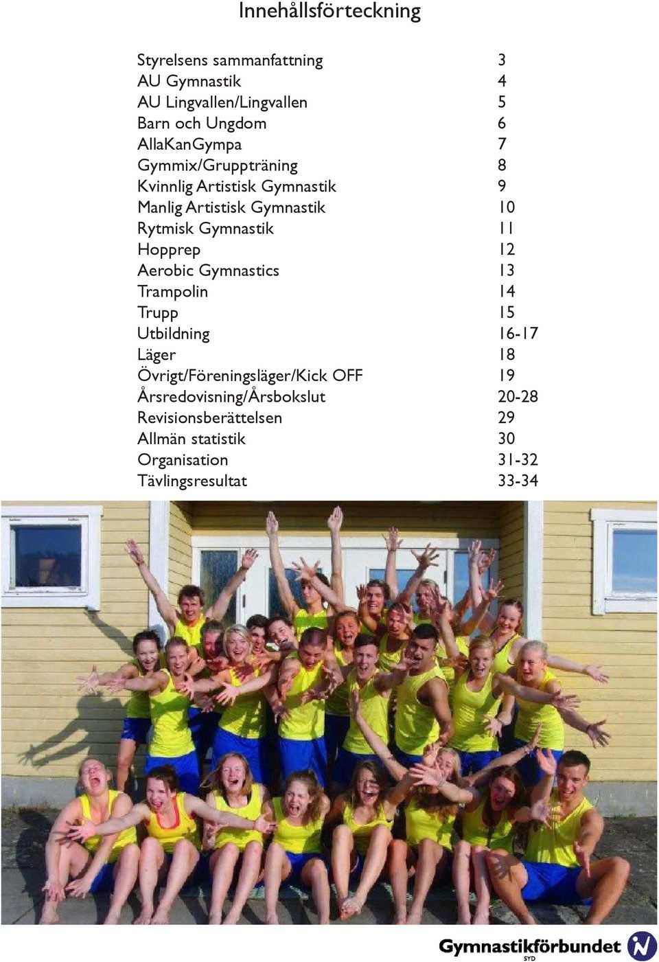 Gymnastik 11 Hopprep 12 Aerobic Gymnastics 13 Trampolin 14 Trupp 15 Utbildning 16-17 Läger 18