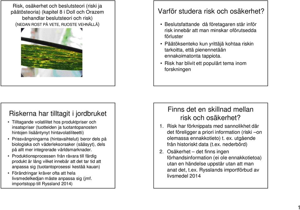 Risk har blivit ett populärt tema inom forskningen Riskerna har tilltagit i jordbruket Tilltagande volatilitet hos produktpriser och insatspriser (tuotteiden ja tuotantopanosten hintojen lisääntynyt