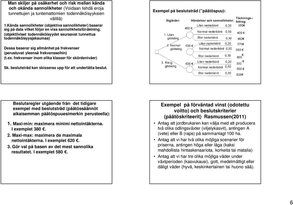 (objektiiviset todennäköisyydet seuraavat tunnettua todennäköisyysjakaumaa) Exempel på beslutsträd ( päätöspuu): Dessa baserar sig allmänhet på frekvenser (perustuvat yleensä frekvensseihin) (t.ex.