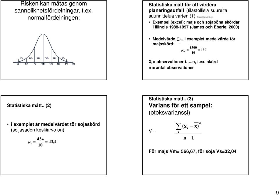 majs och sojaböna skördar i lllinois 1988-1997 (James och Eberle, 2000) Medelvärde majsskörd: å x i n, i exemplet medelvärde för 1300 μ m = = 130 10 X i =