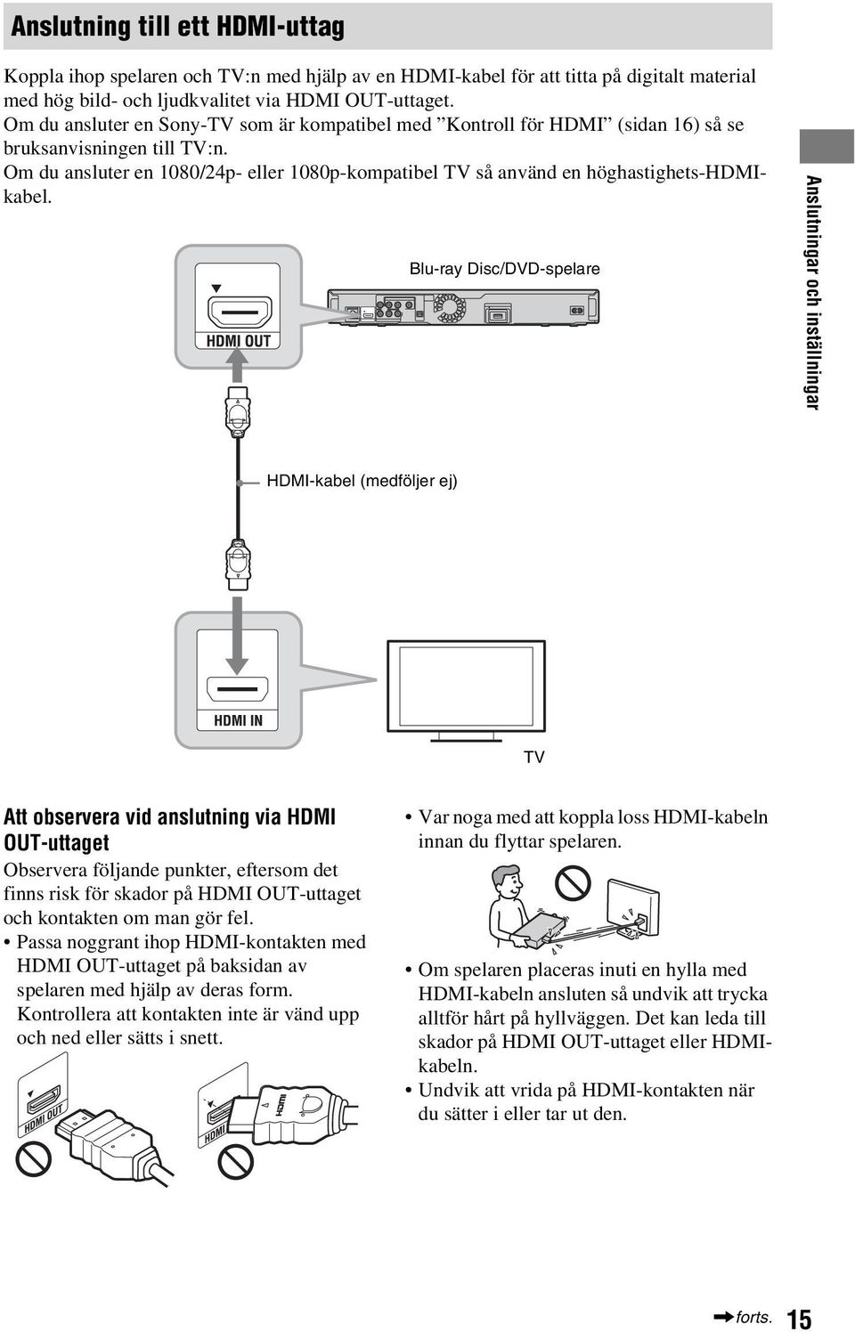 Blu-ray Disc/DVD-spelare Anslutningar och inställningar HDMI-kael (medföljer ej) TV Att oservera vid anslutning via HDMI OUT-uttaget Oservera följande punkter, eftersom det finns risk för skador på