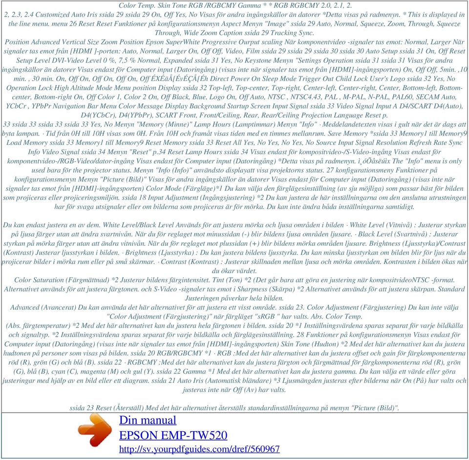 menu 26 Reset Reset Funktioner på konfigurationsmenyn Aspect Menyn "Image" ssida 29 Auto, Normal, Squeeze, Zoom, Through, Squeeze Through, Wide Zoom Caption ssida 29 Tracking Sync.