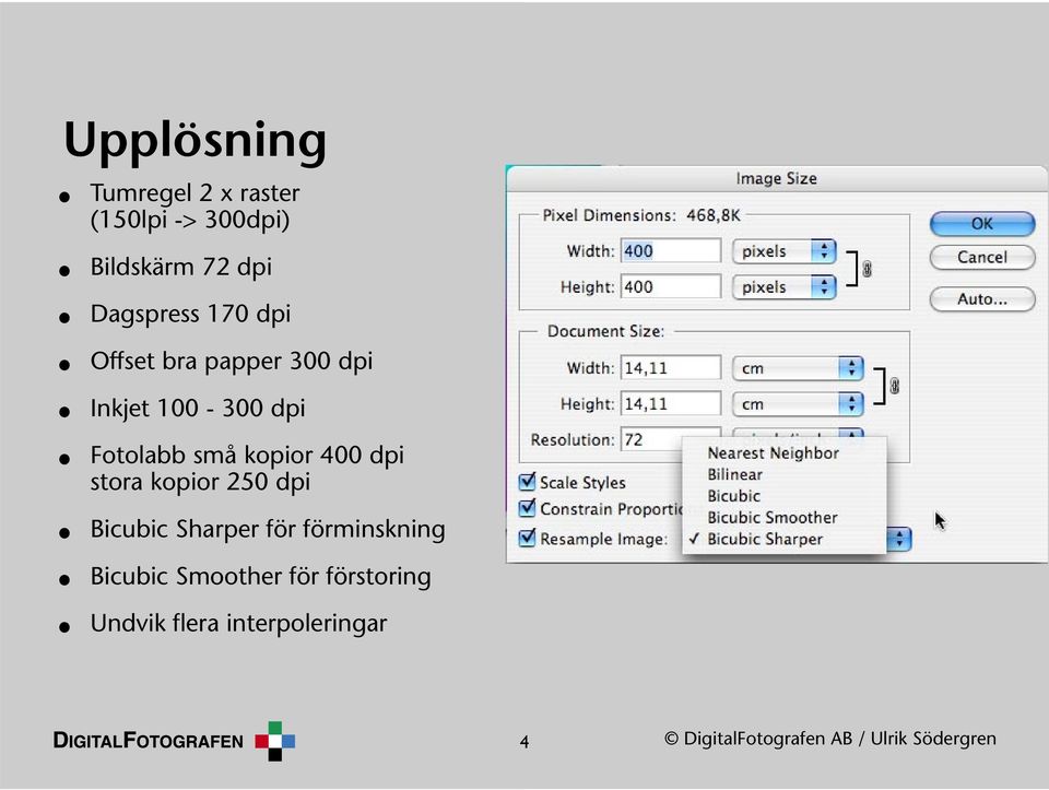 dpi stora kopior 250 dpi Bicubic Sharper för förminskning Bicubic Smoother för