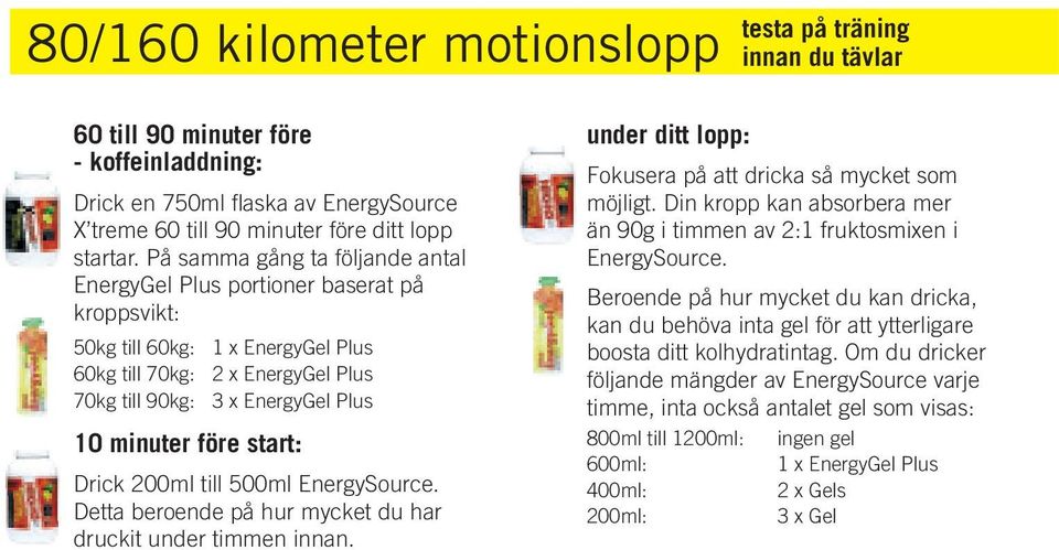 före start: Drick 200ml till 500ml EnergySource. Detta beroende på hur mycket du har druckit under timmen innan. under ditt lopp: Fokusera på att dricka så mycket som möjligt.