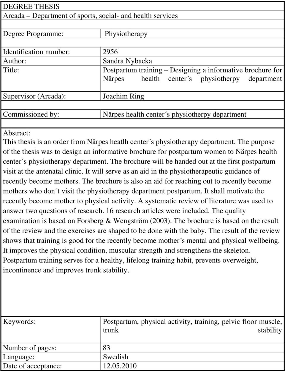 order from Närpes heatlh center s physiotherapy department. The purpose of the thesis was to design an informative brochure for postpartum women to Närpes health center s physiotherapy department.