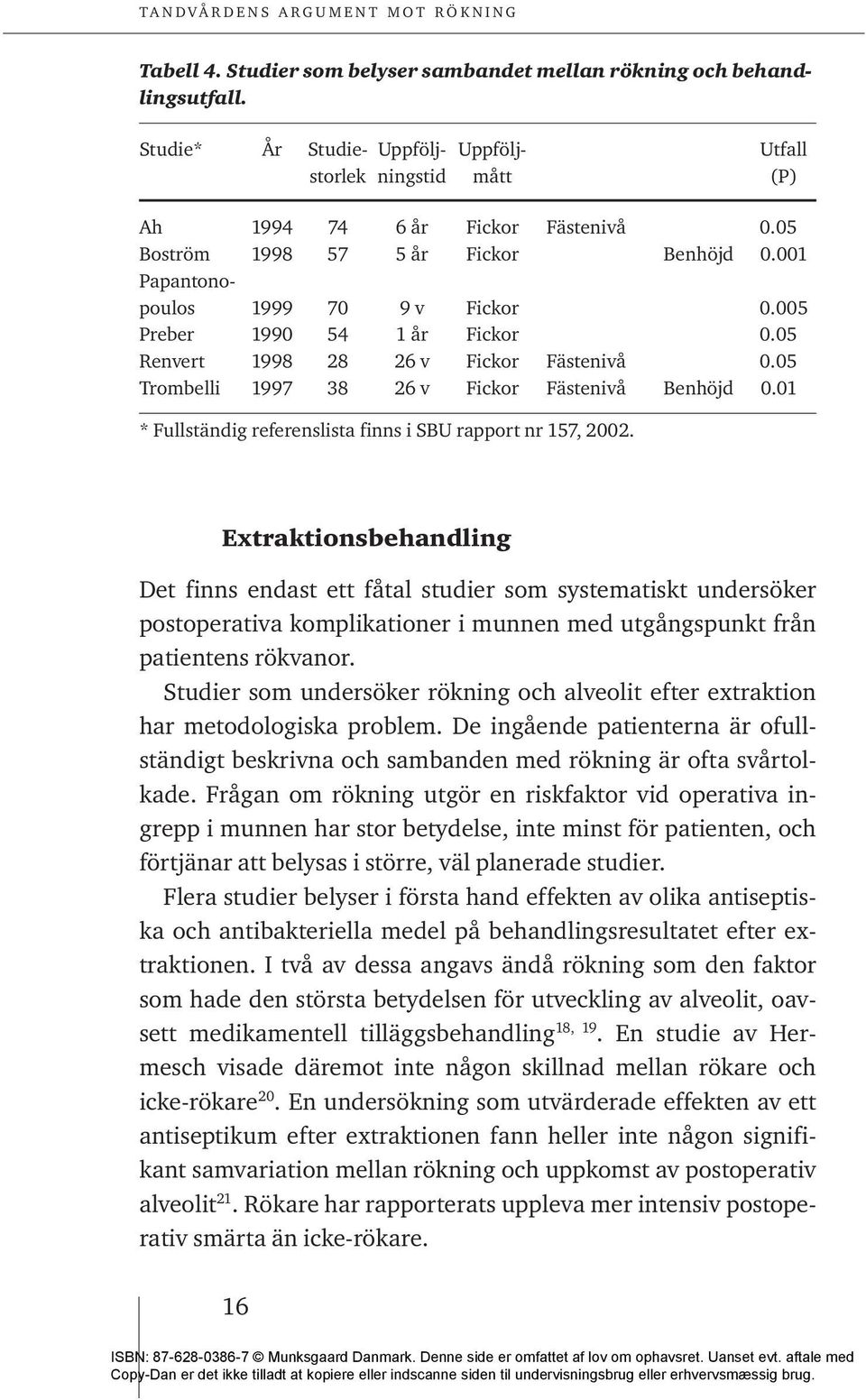 050 Trombelli 1997 38 26 v Fickor Fästenivå Benhöjd 0.010 * Fullständig referenslista finns i SBU rapport nr 157, 2002.