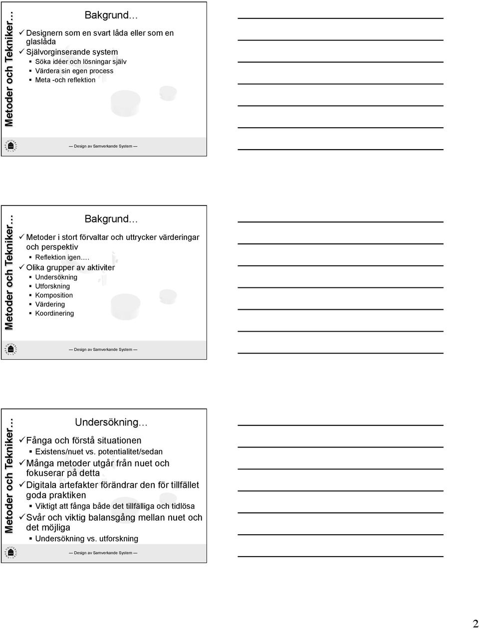 Olika grupper av aktiviter Undersökning Utforskning Komposition Värdering Koordinering Undersökning Fånga och förstå situationen Existens/nuet vs.