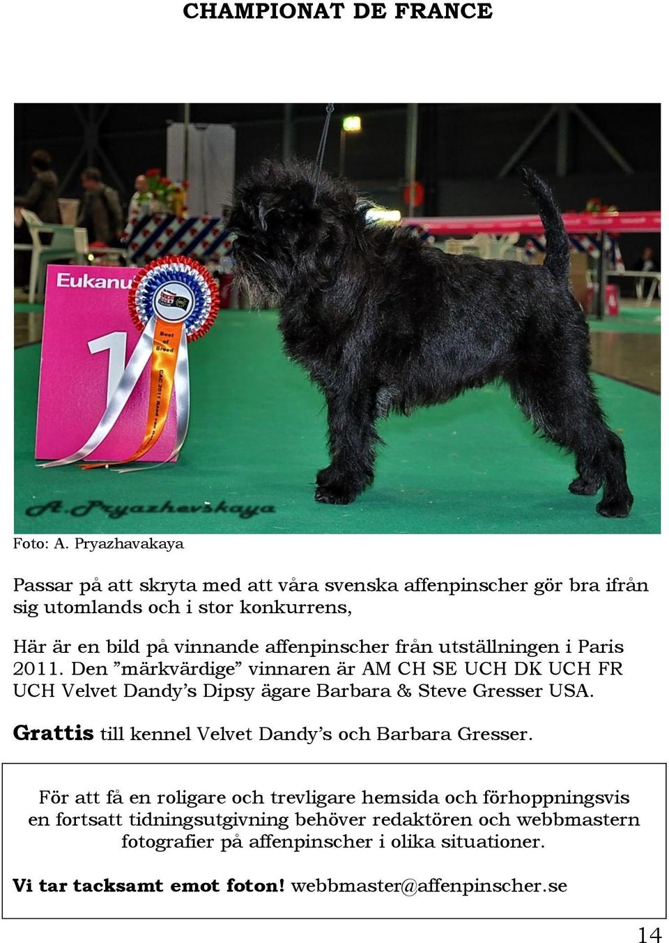 affenpinscher från utställningen i Paris 2011. Den märkvärdige vinnaren är AM CH SE UCH DK UCH FR UCH Velvet Dandy s Dipsy ägare Barbara & Steve Gresser USA.