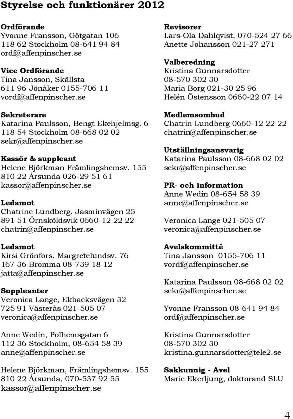 se Helén Östensson 0660-22 07 14 Sekreterare Medlemsombud Katarina Paulsson, Bengt Ekehjelmsg. 6 Chatrin Lundberg 0660-12 22 22 118 54 Stockholm 08-668 02 02 chatrin@affenpinscher.