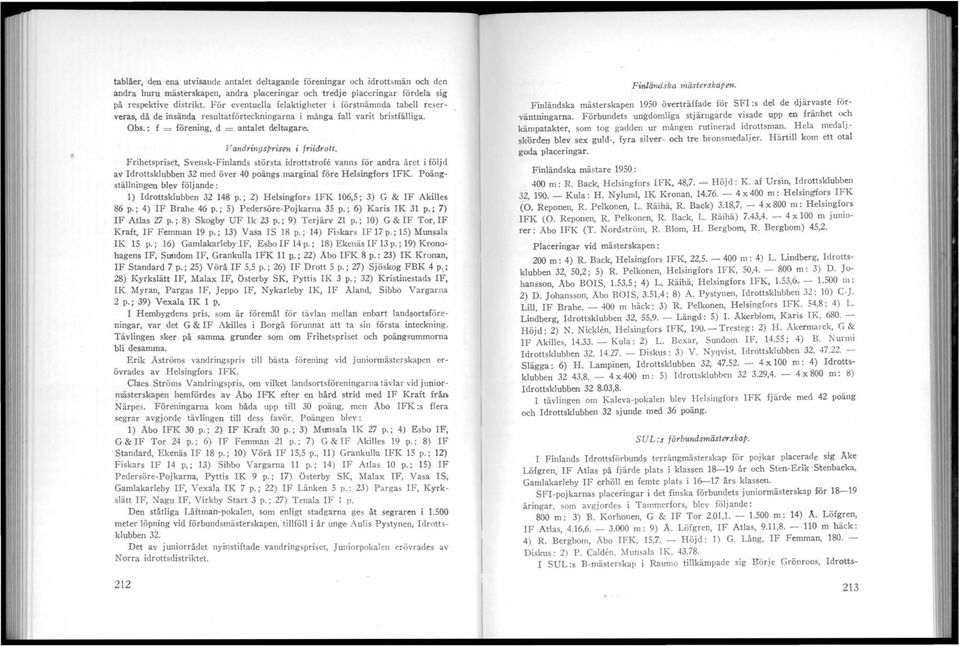 toagara Vandringspr isen i friidrott. Frihetspriset, Svensk-Finlands största idrottstrofe vanns för andra året i följd a~. Id:ottsklubben 32 med över 40 poängs marginal före Helsingfors IFK.