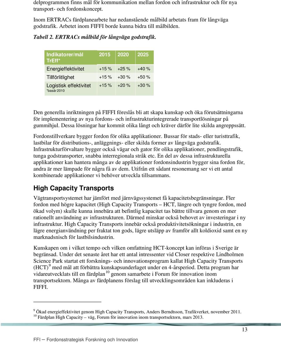 Indikatorer/mål 2015 2020 2025 TrEff* Energieffektivitet +15 % +25 % +40 % Tillförlitlighet +15 % +30 % +50 % Logistisk effektivitet *basår 2010 +15 % +20 % +30 % Den generella inriktningen på FIFFI