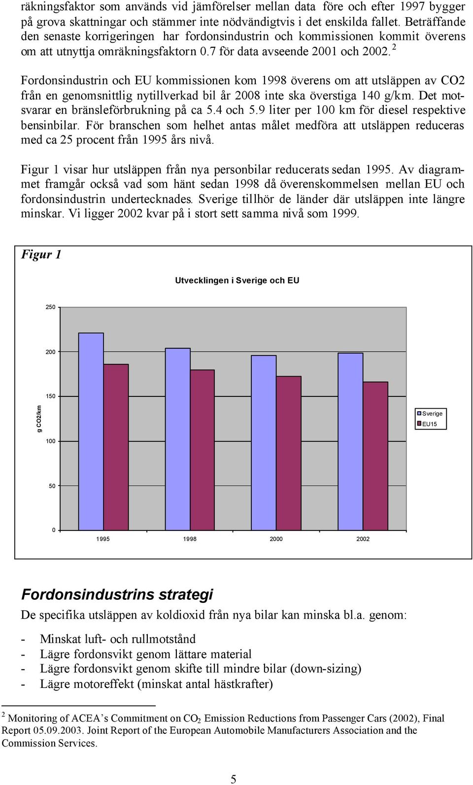 2 Fordonsindustrin och EU kommissionen kom 1998 överens om att utsläppen av CO2 från en genomsnittlig nytillverkad bil år 2008 inte ska överstiga 140 g/km. Det motsvarar en bränsleförbrukning på ca 5.