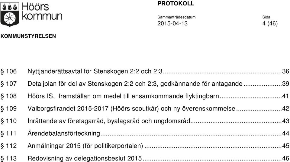 .. 39 108 Höörs IS, framställan om medel till ensamkommande flyktingbarn.