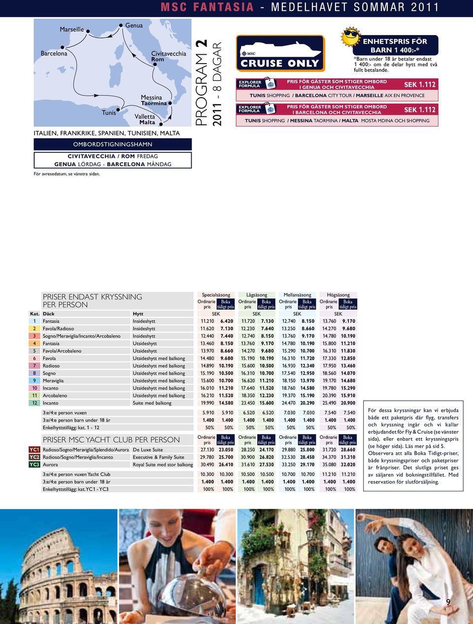 PRIS FÖR GÄSTER SOM STIGER OMBORD I GENUA OCH CIVITAVECCHIA SEK 1.