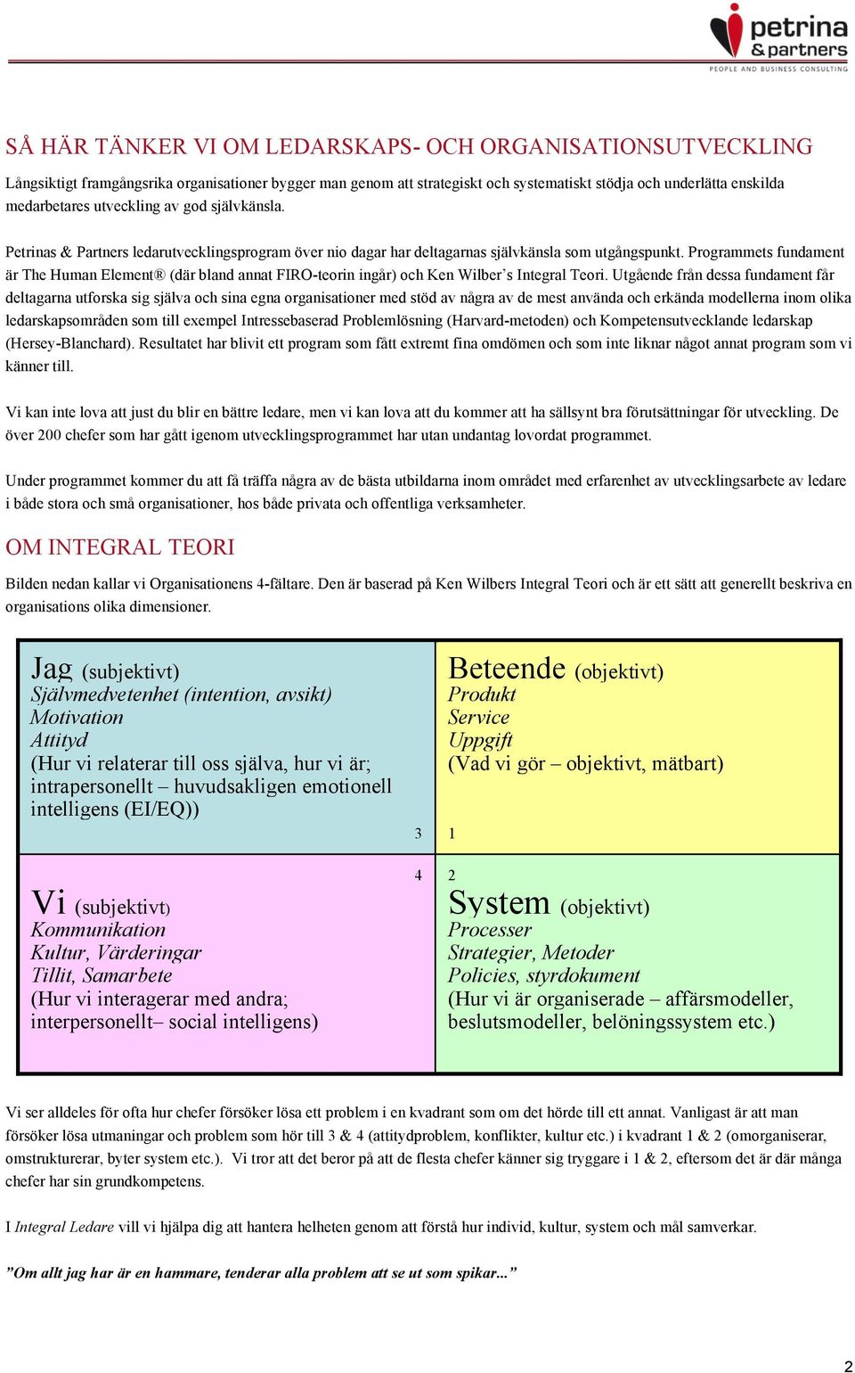 Programmets fundament är The Human Element (där bland annat FIRO-teorin ingår) och Ken Wilber s Integral Teori.