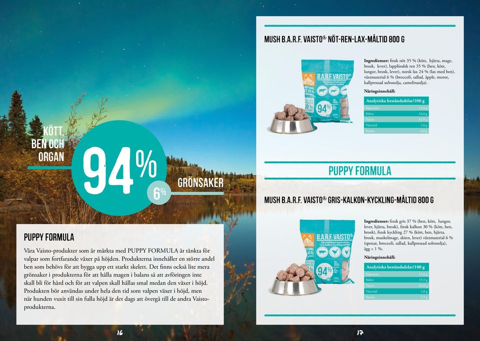 växtmaterial 6 % (broccoli, sallad, äpple, morot, kallpressad solrosolja, camelinaolja).