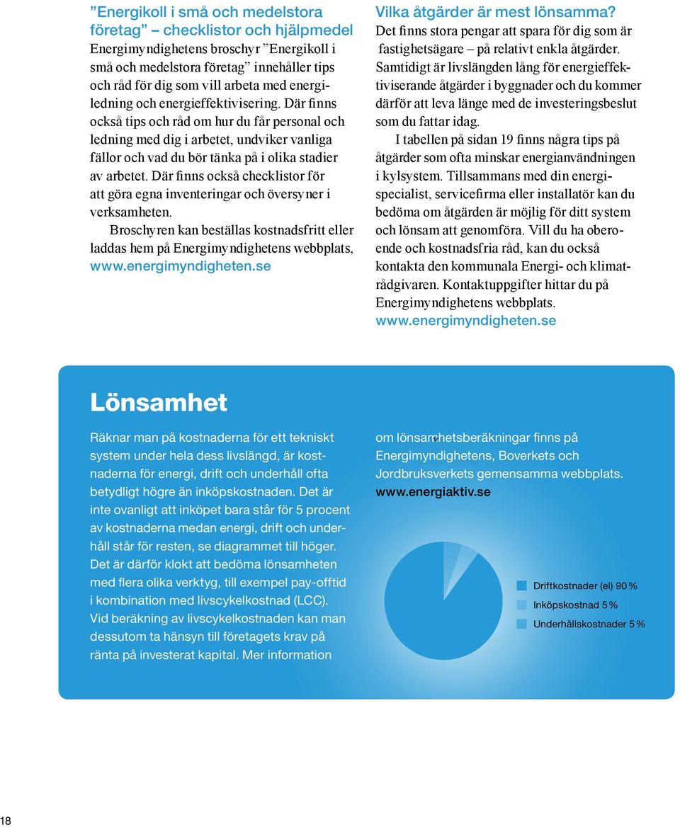 Där finns också checklistor för att göra egna inventeringar och översyner i verksamheten. Broschyren kan beställas kostnadsfritt eller laddas hem på Energimyndighetens webbplats, www.