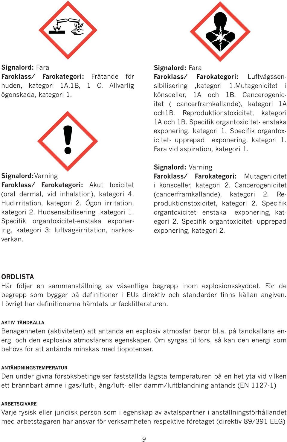 Specifik organtoxicitet-enstaka exponering, kategori 3: luftvägsirritation, narkosverkan. Signalord: Fara Faroklass/ Farokategori: Luftvägssensibilisering,kategori 1.