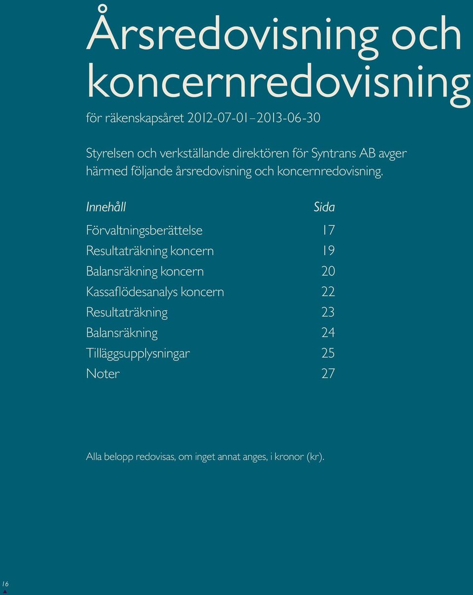 Innehåll Sida Förvaltningsberättelse 17 Resultaträkning koncern 19 Balansräkning koncern 20 Kassaflödesanalys