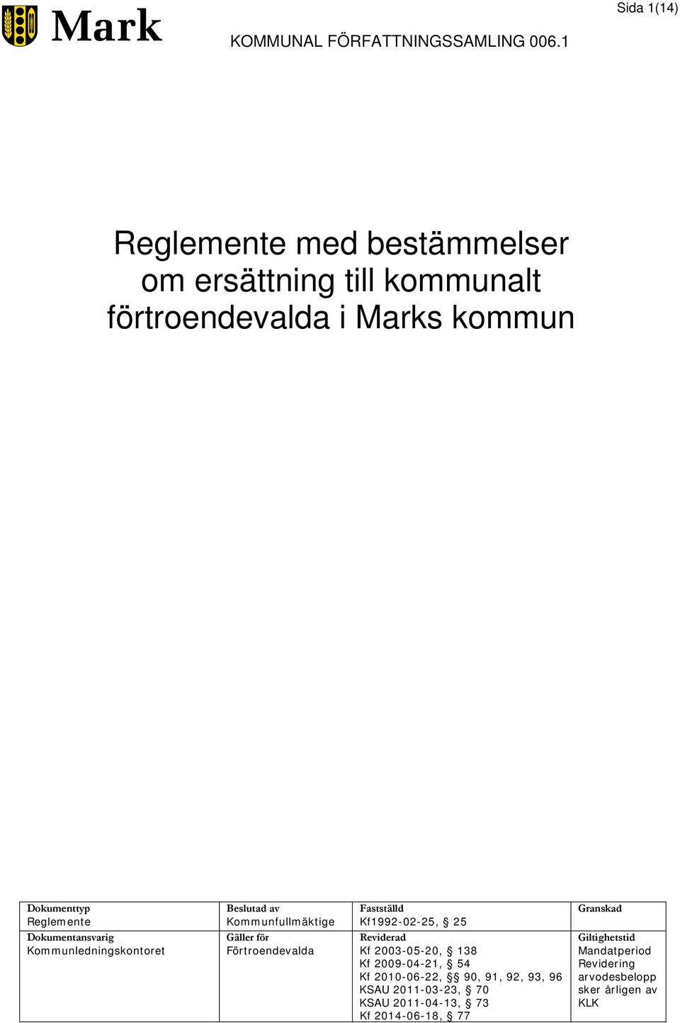 Kommunfullmäktige Fastställd Kf1992-02-25, 25 Granskad Dokumentansvarig Kommunledningskontoret Gäller för Förtroendevalda