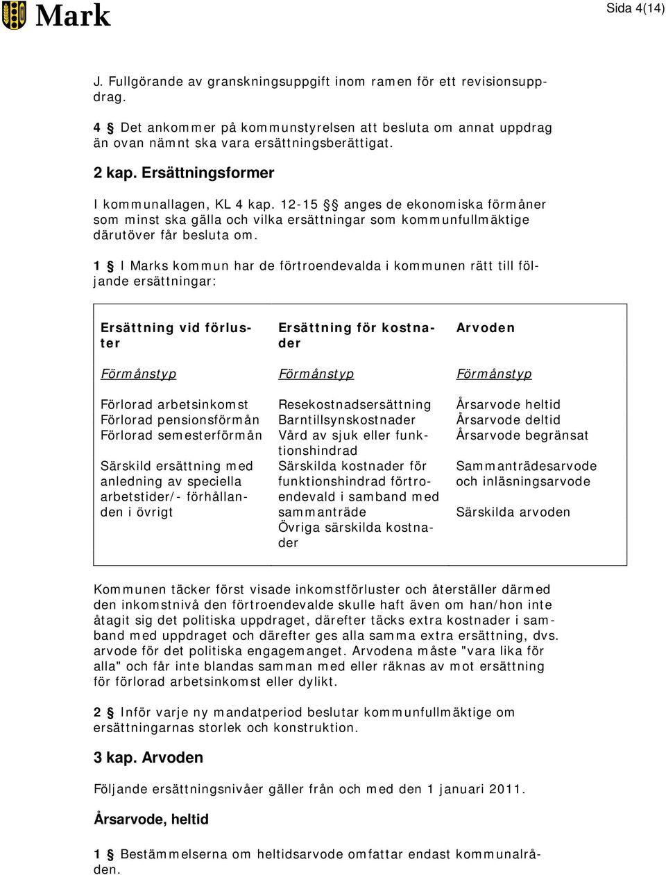 1 I Marks kommun har de förtroendevalda i kommunen rätt till följande ersättningar: Ersättning vid förluster Ersättning för kostnader Arvoden Förmånstyp Förmånstyp Förmånstyp Förlorad arbetsinkomst