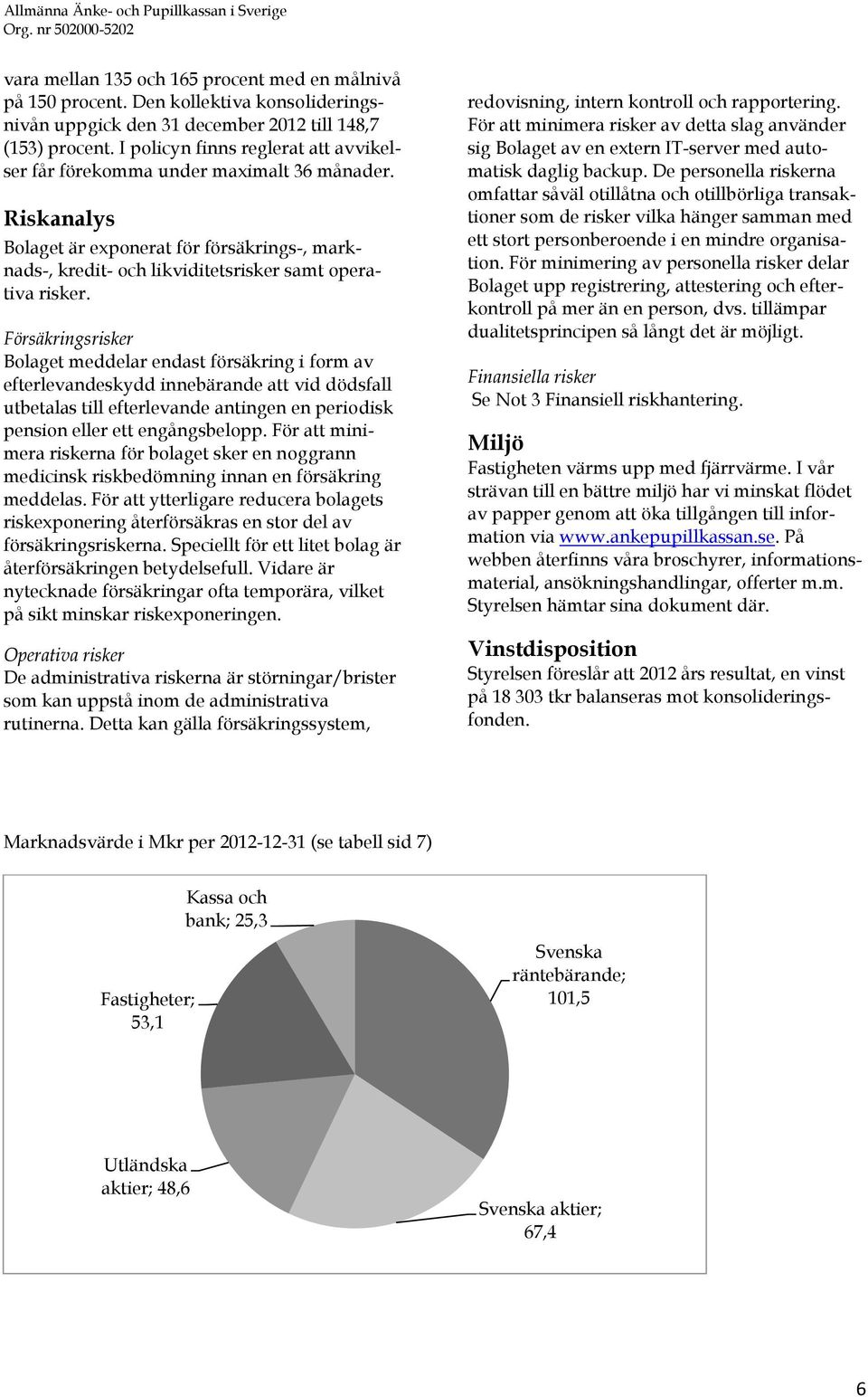 Försäkringsrisker Bolaget meddelar endast försäkring i form av efterlevandeskydd innebärande att vid dödsfall utbetalas till efterlevande antingen en periodisk pension eller ett engångsbelopp.